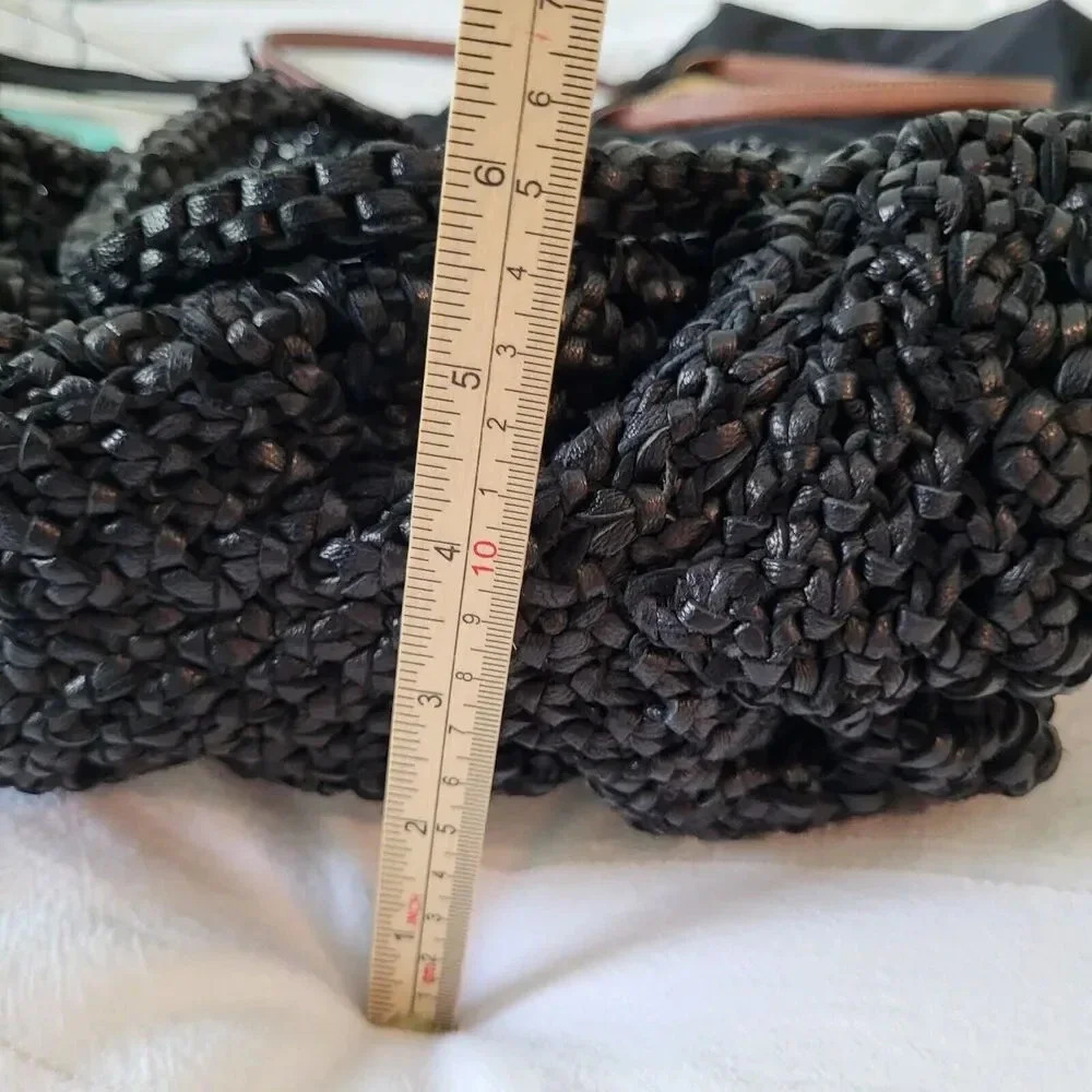 NWT $297 Martina Caponi Braided 2Way Hand Bag/Leather W Linen Black NEW … - Picture 8 of 13